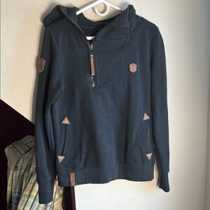 Naketano Women’s Black Zip-Up Sweatshirt Hoodie with Brown Leather Pat ches‎ L